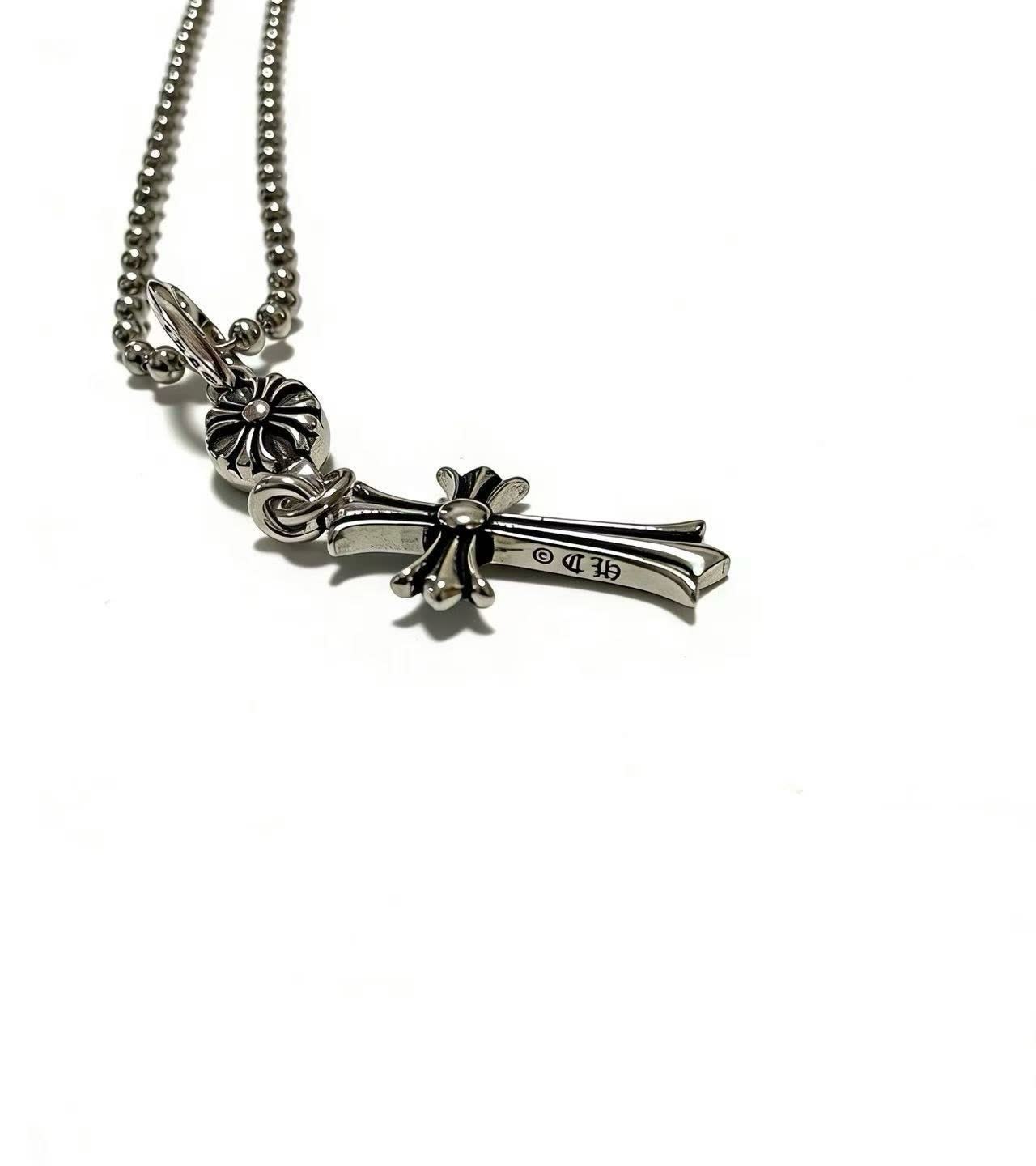 Chrome Hearts Silver Beaded Cross Necklace
